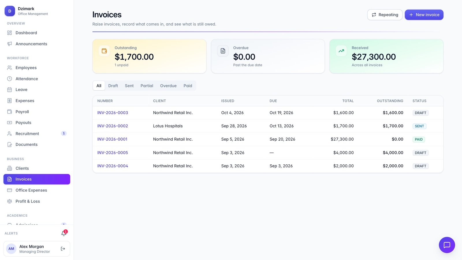 Invoices list with amounts in rupees and dollars and their paid or due status