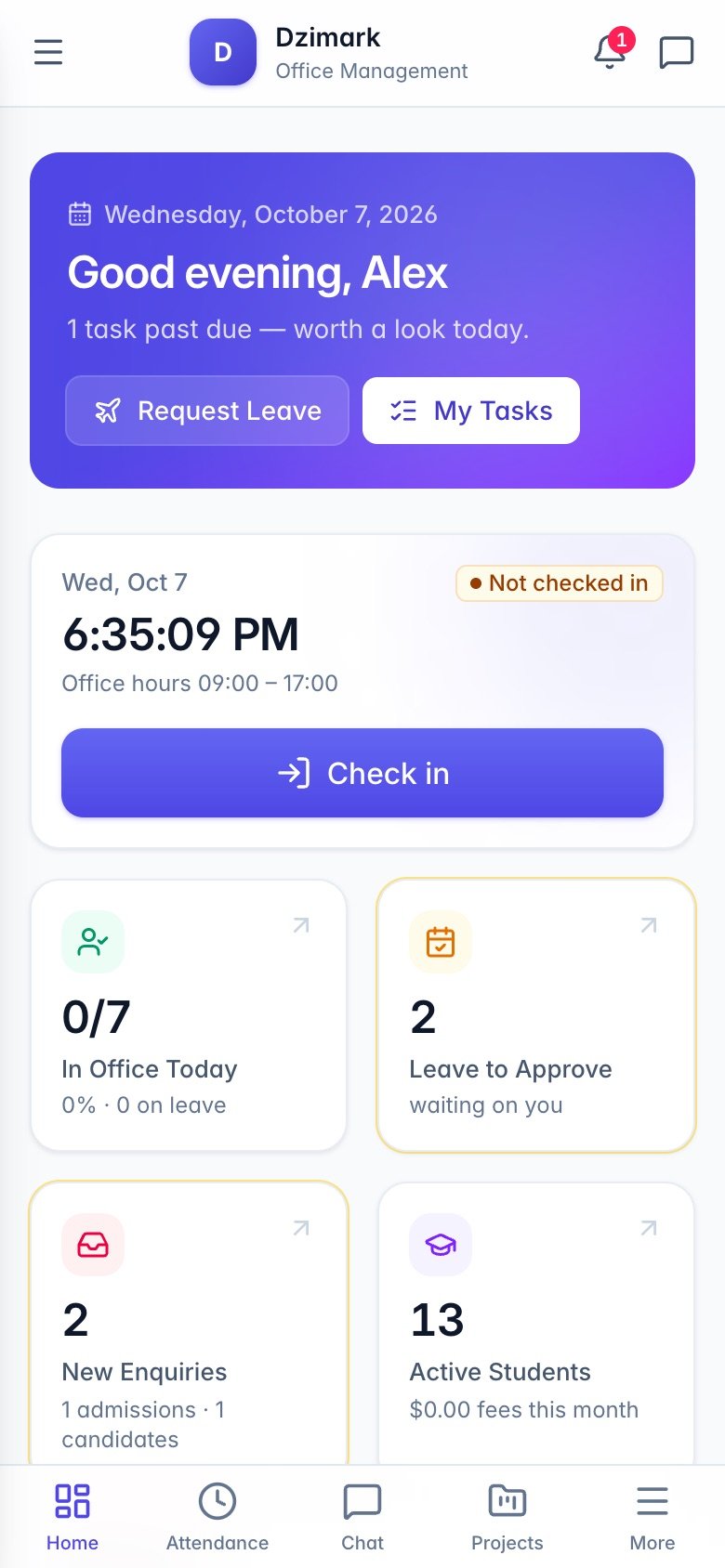 The Office Manager phone app: today's greeting, a large Check in button and team attendance tiles