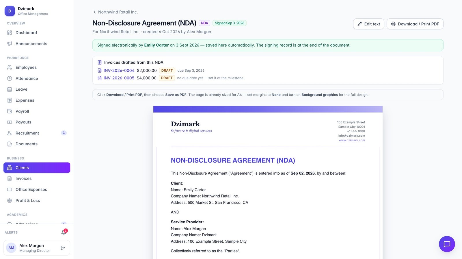 A non-disclosure agreement signed online by the client, with the invoices drafted from it