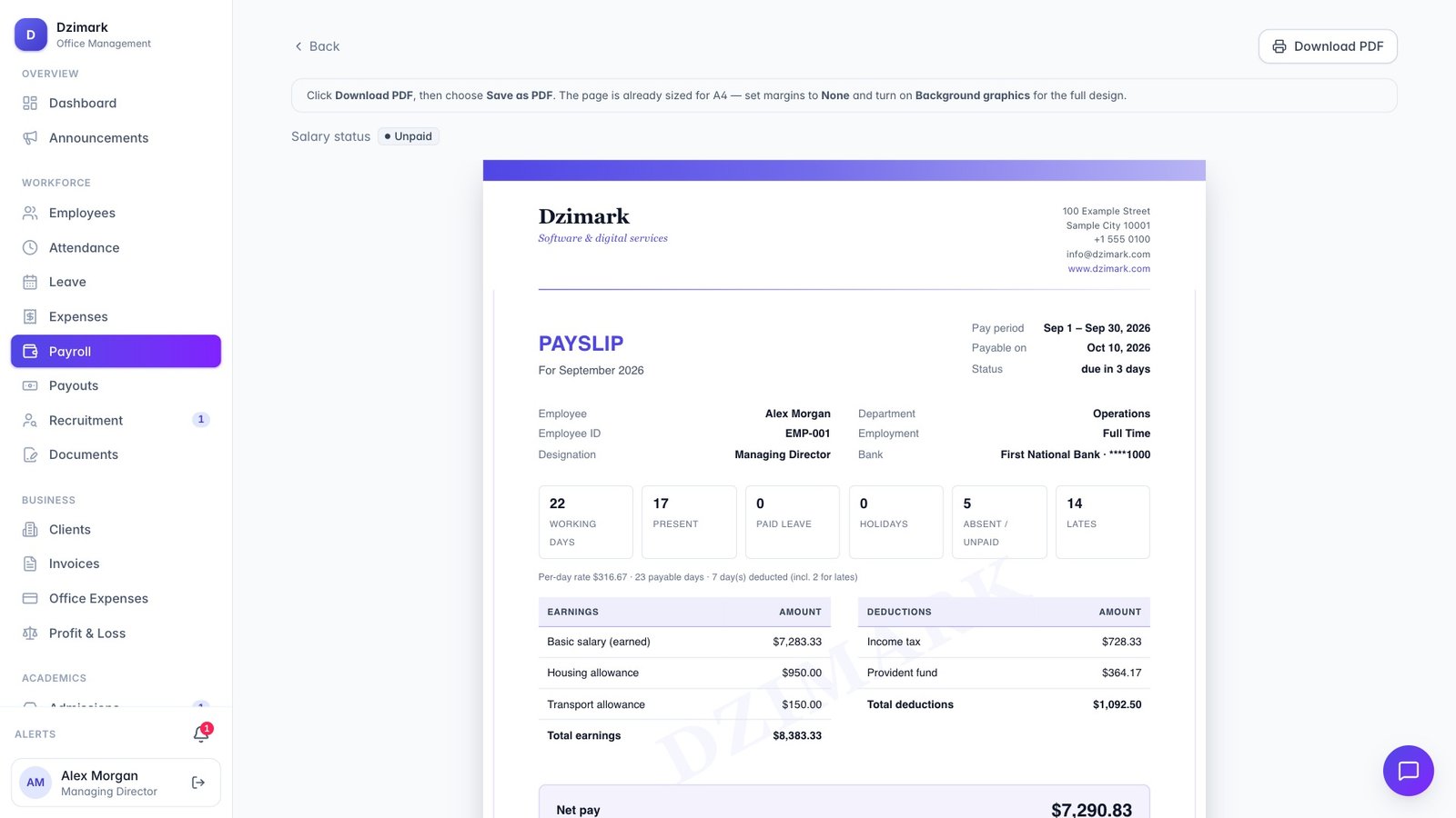 A payslip on the company letterhead with earnings, deductions and net pay
