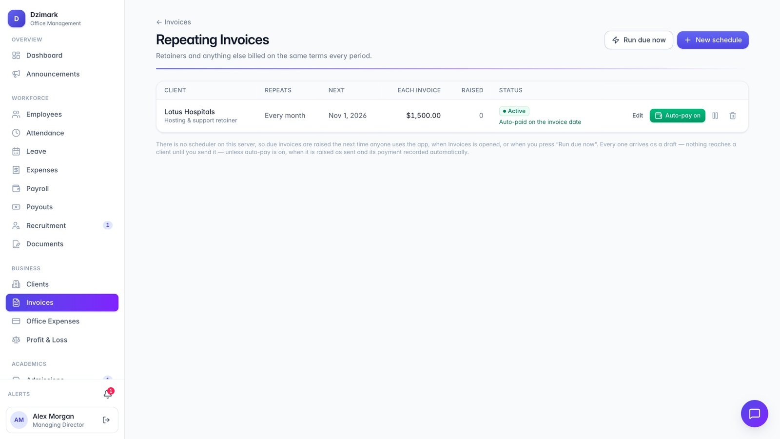 Repeating invoices: a monthly hosting and support retainer with auto-pay switched on